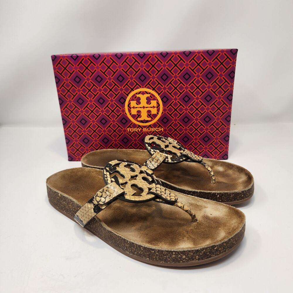 Tory Burch Miller Cloud Snake Print Leather Cork Thong Sandals Women Size 7.5